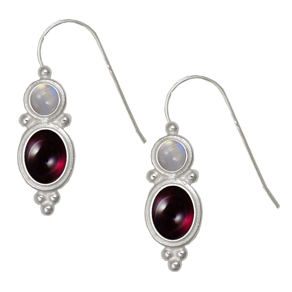 Sterling Silver Drop Dangle Earrings Garnet And Rainbow Moonstone